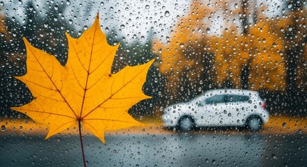 Vibrant yellow autumn leaf against a rainy window with water droplets, featuring a blurred car and golden trees. Creates a serene, seasonal mood with a natural, artistic style.