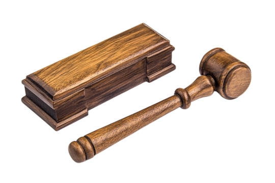 Wooden judge gavel and sound block, law and justice symbol on transparent background