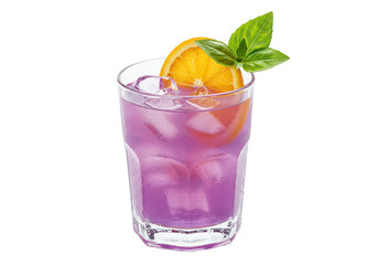 Refreshing purple lavender lemonade cocktail beverage with orange slice and basil in a clear glass on a solid color surface on transparent background