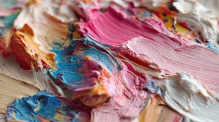 Fototapeta premium Bold and vibrant colors mix together on a canvas displaying rich textures and layers of paint. This artwork captures the essence of creativity during an art session.