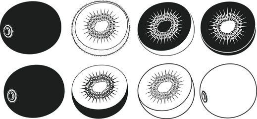 Kiwi fruit sketch, black and white vector, sliced kiwi illustration, abstract fruit design, cad drawing flat vector illustration, healthy food concept