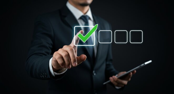 Businessman tapping glowing green checkmark on virtual screen, symbolizing completion, success, and digital choice in a business context