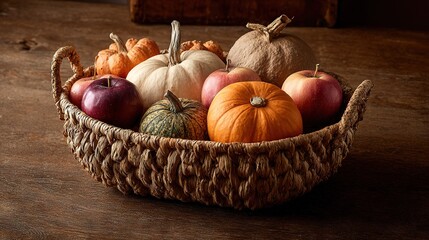  A wicker basket brimming with diverse apple and pumpkin varieties atop a wooden table