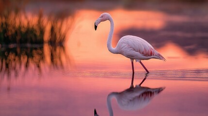   A flamingo standing in a body of water with its beak in its mouth, reflected in the water below