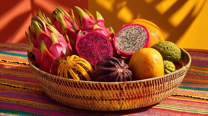   A clear and focused shot of a basket filled with fresh fruits placed on a vibrant tablecloth, against a muted wall backdrop