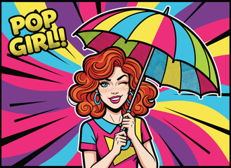 Red-haired pop art girl with a playful expression holds a colorful umbrella