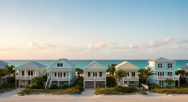Dreamy coastal homes lining sandy beach with turquoise ocean views beckon relaxation