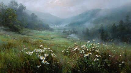   A meadow daisies foreground, mountain background, clouds sky