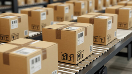 Cardboard boxes moving on a conveyor belt in a warehouse ready for shipping and distribution