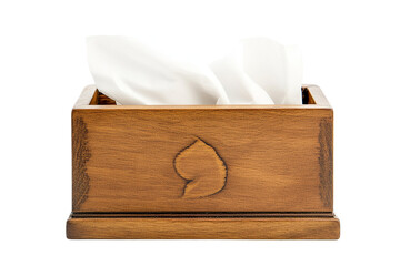 Wooden tissue box with white tissues sticking out, on transparent background