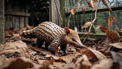Indian pangolin moving through dry leaves behind chicken coop