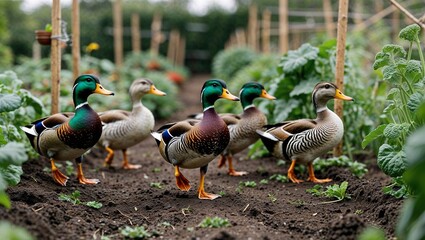 Indian runner duck walking in line with others through vegetable garden