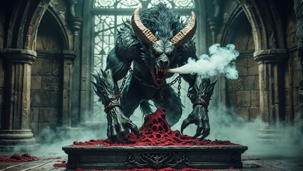 Infernal beast chained to soul altar, breathing toxic mist through ca