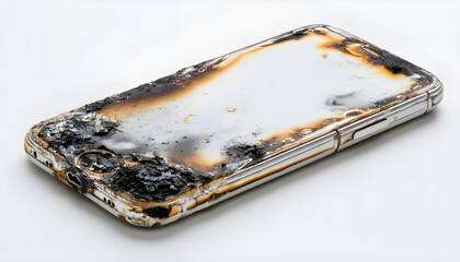 Mobile phone with burnt white background electronics misfortune.