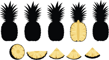 Pineapple silhouette, sliced pineapple, fruit vector, tropical design, yellow texture, healthy food, fresh organic, minimal art, wedge, half 