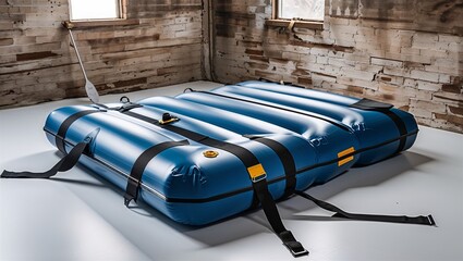 Inflatable dock platform deflated and folded tight, straps attached, lying on white