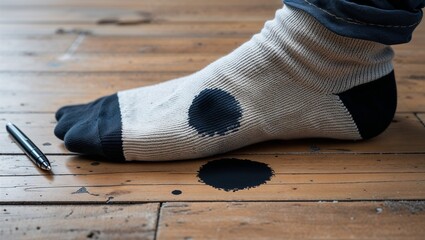 Ink dot on sock from pen dropped on floor