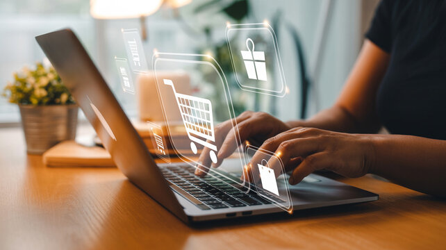 Person using laptop with online shopping icons hovering above the keyboard on a wooden table top