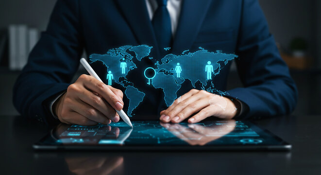 Businessman Analyzing Global Data on Tablet with Digital World Map and Demographics Icons