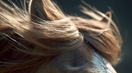  A close-up of a horse's head with its mane blowing in the wind against a blue sky background