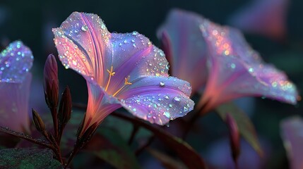   A close-up of a purple flower with droplets of water on it and a green leaf in the background