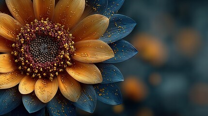   A detailed photo of a bright yellow and blue flower with water droplets on its petals against a blurred background