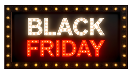 Black friday sale sign with illuminated marquee lights and border isolated on transparent background
