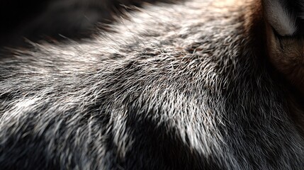   A close-up of a dog's fur with a blurry appearance on its face and eyes