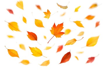 Obraz premium Colorful Autumn Leaves Swirling in Air with Soft Motion Blur, Isolated White Background, Realistic Fall Elements