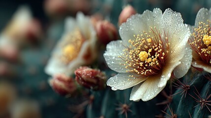   A macro shot of a cactus blossom adorned with dewdrops, set against a cactus backdrop