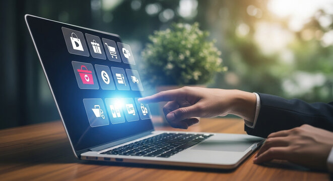 Hand touching laptop screen with e commerce icons on display for online shopping experience now