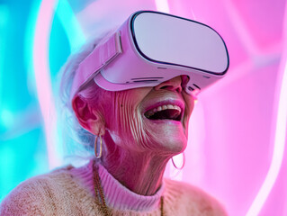 Senior woman enjoying virtual reality experience with vibrant neon lights in background