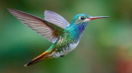   Hummingbird flying, wings spread, beak to side