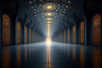 Majestic corridor illuminated by brilliant lights with intricate patterns at the end, showcasing exquisite architectural beauty