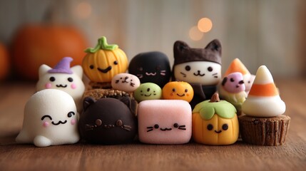   A detailed image of several tiny animal figurines arranged on a table against a backdrop of pumpkin jack-o'-lanterns