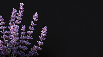   Close-up shot of vibrant purple flowers set against a dark backdrop, providing ample space for accompanying text or image