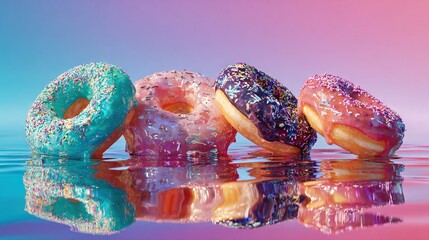   Row of Donuts on Water Pink Blue Purple Background