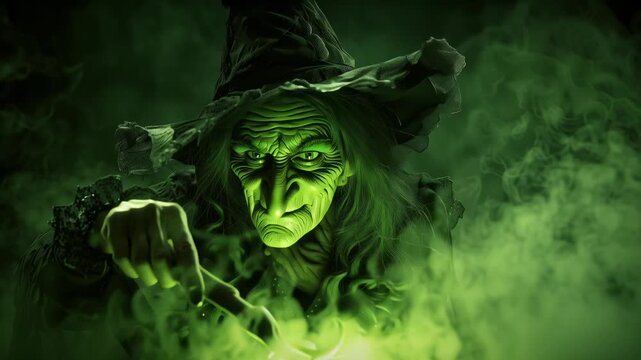 Evil witch stirring glowing green potion in dark misty atmosphere. Smoke and glowing mist. Halloween fantasy and supernatural folklore. 