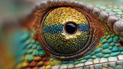   A close-up view of a chameleon's reptilian eye, showcasing its green and yellow hues