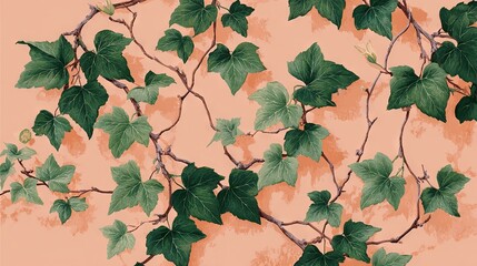   A painting depicts a tree branch with emerald foliage against a peach backdrop and a faint pink mural in the distance