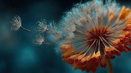   Dandelion flower close-up with droplets of water on its petals and a blurry background