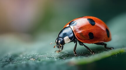   A sharp ladybug portrait on a clear leaf against a blurred background