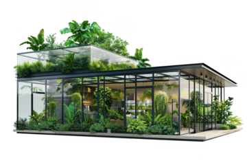 Contemporary Glass Building with Extensive Indoor Plant Collection and Rooftop Garden