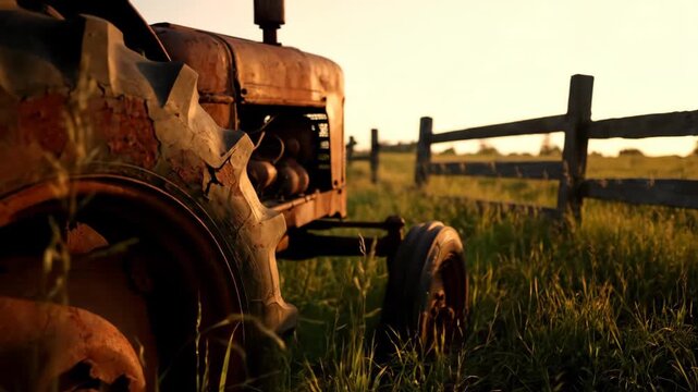 Old rusty tractor in rural field at sunset. Documentary footage capturing abandoned farm machinery and pastoral landscape. Agricultural heritage and countryside exploration concept.