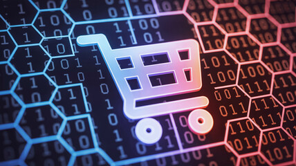 Shopping cart icon overlayed on a binary code background with a hexagonal pattern design element