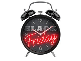 Black friday alarm clock with neon text and hands isolated on transparent background