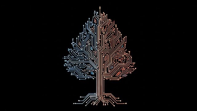 Abstract digital tree with circuit board texture against black background
