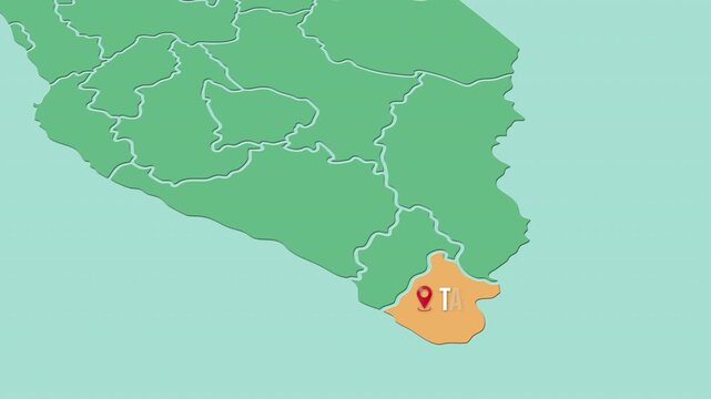 Mapa de Per&uacute; con divisi&oacute;n pol&iacute;tica resaltando el departamento de Tacna
