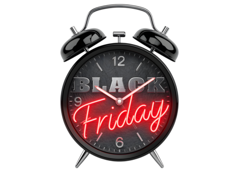 Black friday alarm clock with neon text and hands isolated on transparent background
