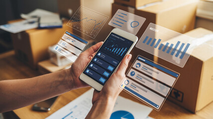 Person holding smartphone with augmented reality graphs and charts in front of cardboard boxes